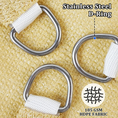 Stainless steel D-rings on sand-colored HDPE fabric, part of Customizable Outdoor Shade Sail 20 By 20 By 28.3 Feet Triangle Sunshade Canopy For Patio UV Resistant Blocks Up To 95 Percent Of Harmful Rays Breathable HDPE Fabric Keeps Airflow Cool And Comfortable Sand Color.