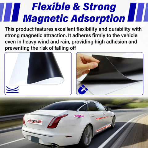 Flexible 12x4 inch custom car magnet sheets shown on vehicle for advertising and personalization, strong magnetic hold demonstration.