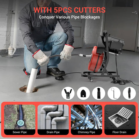 Heavy Duty 50 Foot Sewer Auger With Half Inch Steel Cable Busts Nifty 2 To 4 Inch Pipe Blockages Smooth As Butter in use on floor drain