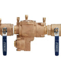 Pro Grade Lead Free Bronze Reduced Pressure Zone Assembly Featuring Slick Quarter Turn Shutoff Valves shown from the side.