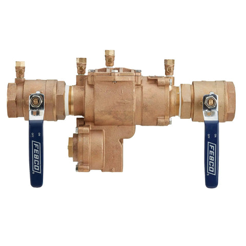 Pro Grade Lead Free Bronze Reduced Pressure Zone Assembly Featuring Slick Quarter Turn Shutoff Valves shown from the side.