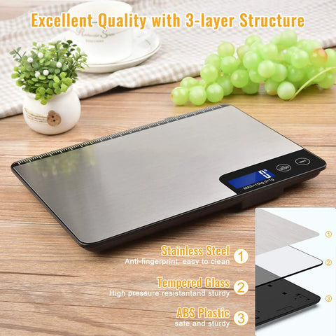 33 Pound Digital Kitchen Scale With Large 9 Inch Weighing Platform, Touch Control, LCD Display, Stainless Steel Food Scale