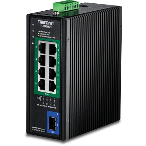 Heavy Duty Industrial PoE Plus Plus Switch With Eight Two Point Five G PoE Ports And One Ten G SFP Port, Black Housing