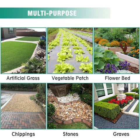 Multi-purpose use of Heavy Duty Weed Barrier Landscape Fabric 5oz Pro Grade Ground Cover for lawns, vegetable patches, and flower beds.