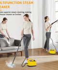 Heavy Duty Handheld Steam Cleaner For Spotless Home Cleaning Powers Through Stubborn Kitchen Grease Tile Scuffs And Carpet Stains Gets The Job Done Without Breaking A Sweat, yellow steam cleaner in use on sofa and floor.