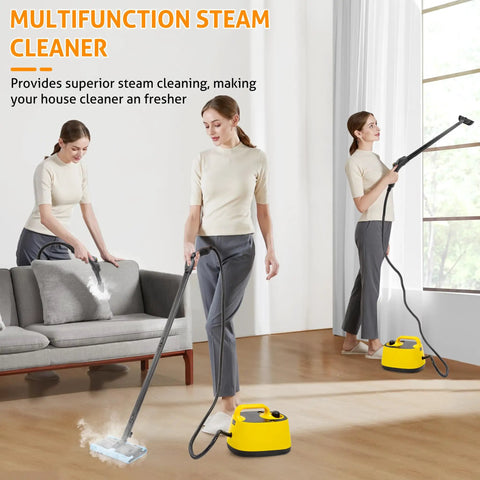 Heavy Duty Handheld Steam Cleaner For Spotless Home Cleaning Powers Through Stubborn Kitchen Grease Tile Scuffs And Carpet Stains Gets The Job Done Without Breaking A Sweat, yellow steam cleaner in use on sofa and floor.