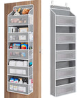 Heavy Duty Over The Door Storage Organizer With Five Tier Shelves For Bedroom Pantry Bathroom Rock Solid Swing Proof Design hanging unit filled with items.