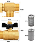 Dimensions and components of Built Tough Brass Inline Garden Hose Filter With Ball Valve Drain Three Quarters Inch GHT Replaceable