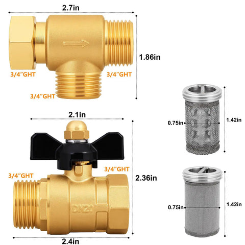 Dimensions and components of Built Tough Brass Inline Garden Hose Filter With Ball Valve Drain Three Quarters Inch GHT Replaceable