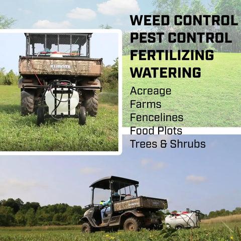 Made In The USA 15-Gallon Tow-Behind Sprayer For ATV UTV And Lawn Care attached to ATV on grass showcasing weed control usage.