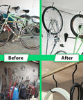 Before and after of Six Pack Heavy Duty Garage Hooks For Wall And Ceiling Storage, showing bikes and cords organized and free space.