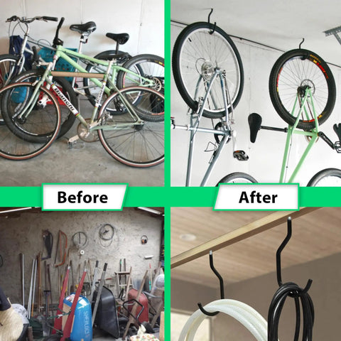 Before and after of Six Pack Heavy Duty Garage Hooks For Wall And Ceiling Storage, showing bikes and cords organized and free space.