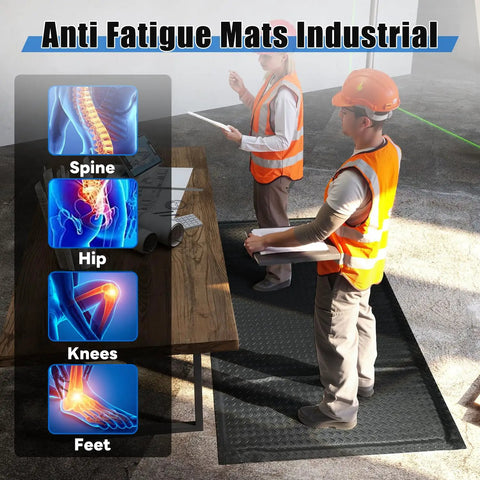 Two workers standing on 3 By 7 Foot Anti Fatigue Floor Mat Extra Thick One Inch For Machinist Shop Garage with benefits shown.