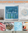 Hella Compact Mini Upright Freezer Packs 1 Point 1 Cubic Feet Inside with five-level temperature knob and contents showing.