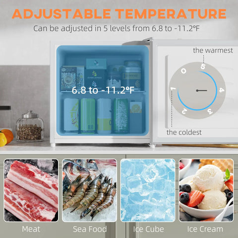 Hella Compact Mini Upright Freezer Packs 1 Point 1 Cubic Feet Inside with five-level temperature knob and contents showing.