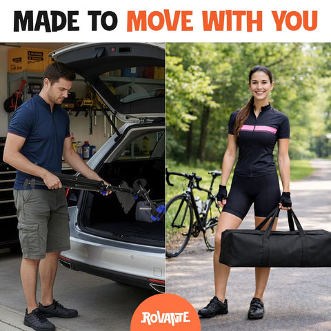 Bike Repair Stand With Workstand Mat And Detachable Wall Mount Clamp Ebike Floor Holder Travel Bag Two Hooks And More Bicycle Lift Frame For Indoor Outdoor Use Ideal For Mountain Bikes And Home Repairs in use by two people