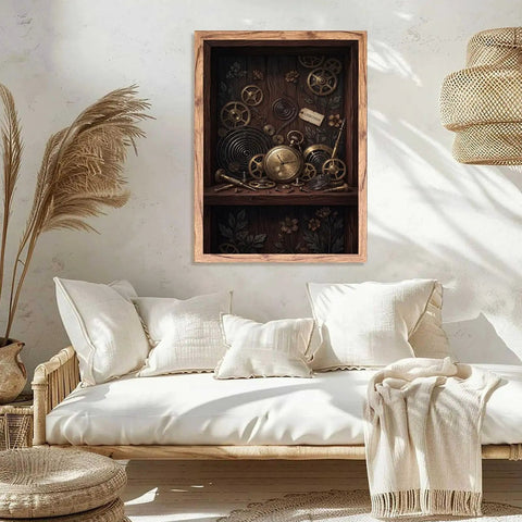 Stunning Vintage Clockwork Pocket Watch Wall Art Natural Framed Print With Brass Gears And Floral Details for moody decor.