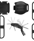 Bike Speed Sensor 2 And Cadence Sensor 2 Bundle With Wearable4U Multi Tool for Edge and Garmin devices, parts displayed.