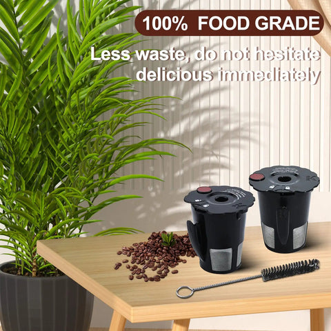 Reusable K Cup Coffee Filter Pod For Keurig 2.0 Brewers K200 Through K575 Pack Of 2 With Cleaning Brush on wooden table
