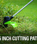 40V Cordless String Trimmer Featuring Brushless Motor, 15 Inch Cutting Path, cutting grass with green trimmer head.