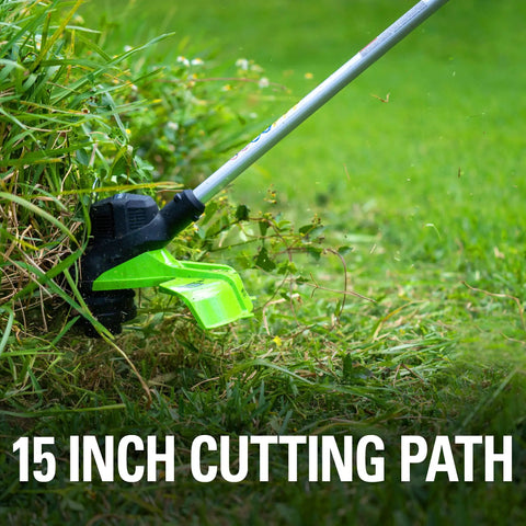 40V Cordless String Trimmer Featuring Brushless Motor, 15 Inch Cutting Path, cutting grass with green trimmer head.