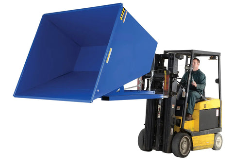 Built Like A Tank Steel Self Dumping Hopper With 6000 Lb Capacity and Three Cubic Yards for Loading Dry Bulk Materials Forklift Compatible Blue Bin in use.