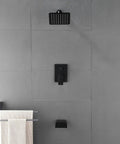 Waterfall Tub Spout Shower Faucet Set With Tub And Shower Trim Kit And Rough In Valve Wall Mounted Shower System In Brushed Nickel Includes All Accessories And Lifetime Warranty No Sweat Install on gray tile wall.