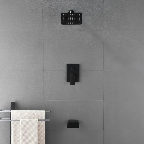 Waterfall Tub Spout Shower Faucet Set With Tub And Shower Trim Kit And Rough In Valve Wall Mounted Shower System In Brushed Nickel Includes All Accessories And Lifetime Warranty No Sweat Install on gray tile wall.