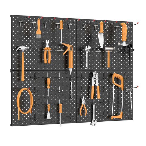 Four Piece Twelve By Sixteen Inch Metal Pegboard Panels Built Tough For Your Garage, Workbench And Shop, Modular Wall Mounted Pegboard With One Eighth Inch And One Quarter Inch Holes, Black displaying tools organized on a wall