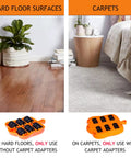 Heavy Duty Furniture Lifter And Appliance Roller Sliders Set With 660 Lbs Capacity on hard floors and carpets, showing adapters.
