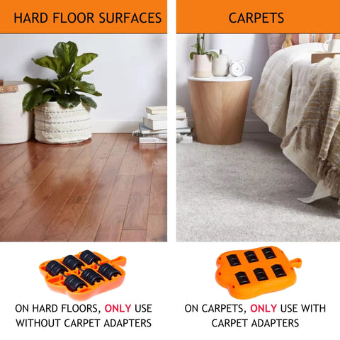 Heavy Duty Furniture Lifter And Appliance Roller Sliders Set With 660 Lbs Capacity on hard floors and carpets, showing adapters.