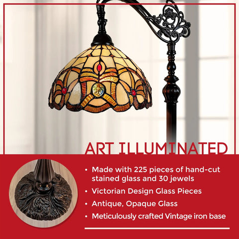 Arched Tiffany Style Floor Lamp With Stained Glass Shade In Tan Yellow Brown Antique Vintage Look
