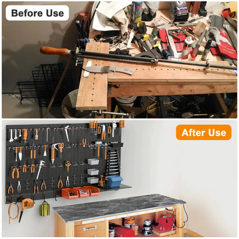 Before and after view of a garage using the Heavy Duty Metal Pegboard Wall Organizer System For Garage Use 109 Piece Kit with Pegboard Bins Hooks Peg Locks and Black Steel Construction to tidy up tools and gear