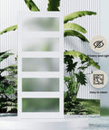 Double Bypass Barn Door With Frosted Glass And White Waterproof PVC Finish Includes Six Point Six Feet Track Hardware Kit Premium MDF Panels For Space Saving And Easy Assembly Fits Thirty Six By Eighty Four Inch Openings in a garden setting