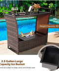 Patio Wicker Bar Cart With Wheels Ice Bucket Outdoor Rolling Beverage Counter Table Glass Top Modern Rattan Wine Serving Cart
