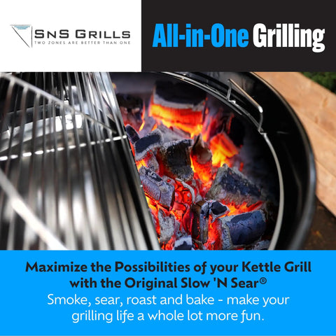 Slow N Sear Original Charcoal Basket in Weber 22 Inch Kettle two zone setup with glowing coals for BBQ grilling.