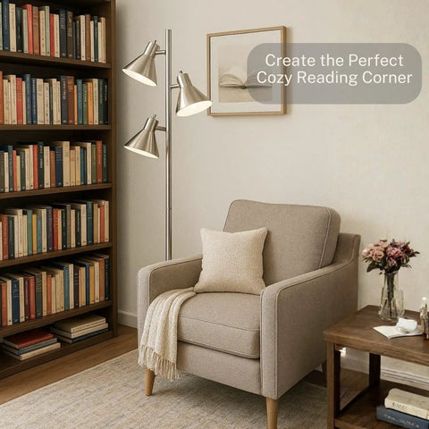 Brushed Nickel Floor Lamp With Three Adjustable Reading Heads in cozy reading corner with armchair and bookshelf
