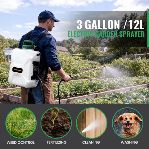 Person using 3 Gallon Backpack Sprayer Battery Powered With 18V Compatibility Translucent Tank Seven Nozzles And Adjustable Pressure