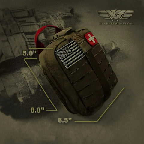 Upgraded Survival First Aid Kit With 1000D Nylon EMT Pouch Tactical Trauma Kit, Coyote Brown, with USA and medical patches, 8"x6.5"x5".