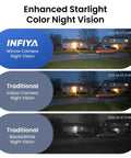Enhanced starlight color night vision comparison showing No Drill Window Camera Kit 2K 2 Pack With Dual Band WiFi Two Point Four GHz And Five GHz Dome Cameras For Indoor And Outdoor Home Security Color Night Vision Human Detection 24 Seven Recording Ideal For Apartment.