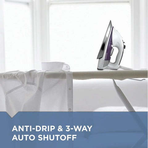 Pro Grade Steam Iron With Stainless Steel Soleplate Extra Long Cord AntiDrip Tech Auto Clean System Variable Steam Purple Finish