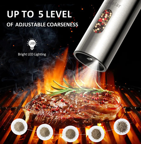 Rechargeable Electric Salt And Pepper Grinder Set With USB C Charging Dock Stainless Steel Auto Grinders Adjustable Coarseness LED Light