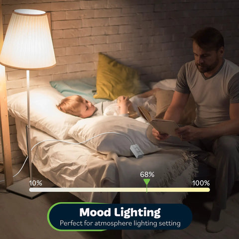 Table Top Plug In Dimmer For Lamps With Quiet Slide Control No Pro Needed Easy Plug In Installation Dims From 10% To 100% 360W Incandescent And Halogen And 150W Dimmable CFL LED Off At Lowest 6 Foot Cord White shown used for reading in a cozy bedroom
