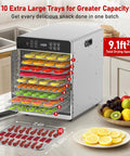 Digital Food Dehydrator With Ten Broad Trays To Whip Up Juicy Jerky Crispy Fruit Chips Dried Herbs And Quality Dog Chews Running Quiet On Precise Temperature Dial And All Day Timer For Super Easy Snack Making At Home, showing colorful dried fruits and jerky.