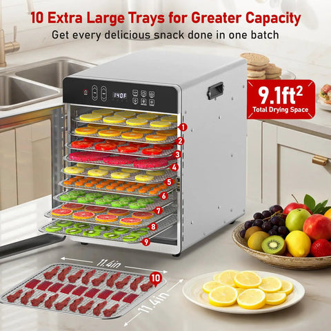 Digital Food Dehydrator With Ten Broad Trays To Whip Up Juicy Jerky Crispy Fruit Chips Dried Herbs And Quality Dog Chews Running Quiet On Precise Temperature Dial And All Day Timer For Super Easy Snack Making At Home, showing colorful dried fruits and jerky.
