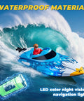 High Speed RC Boat For Pools And Lakes With LED Lights 25 KPH Remote Racing Speed Boat 2 4GHz Wireless Controller Waterproof Electric Boat For Ages 8 12 Kid Friendly Summer Water Toy Blue shown racing on water with a wave in the background.
