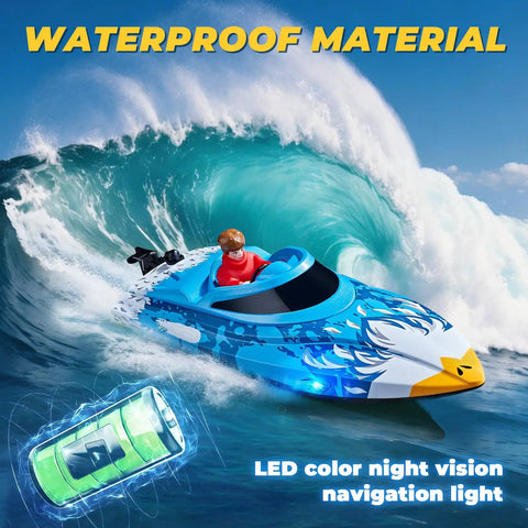 High Speed RC Boat For Pools And Lakes With LED Lights 25 KPH Remote Racing Speed Boat 2 4GHz Wireless Controller Waterproof Electric Boat For Ages 8 12 Kid Friendly Summer Water Toy Blue shown racing on water with a wave in the background.