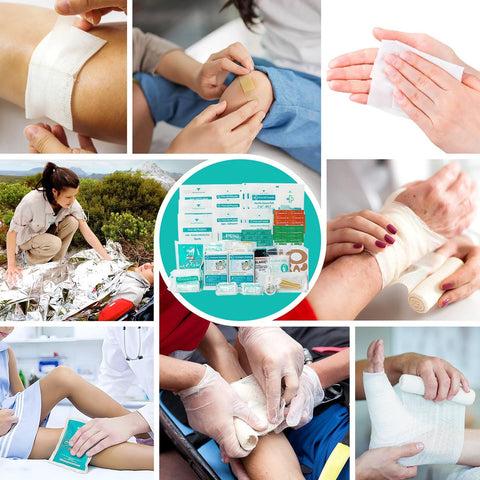 General Medi 160-piece first aid refill contents: bandages, gauze, cold pack, blanket; shown with bandage application.