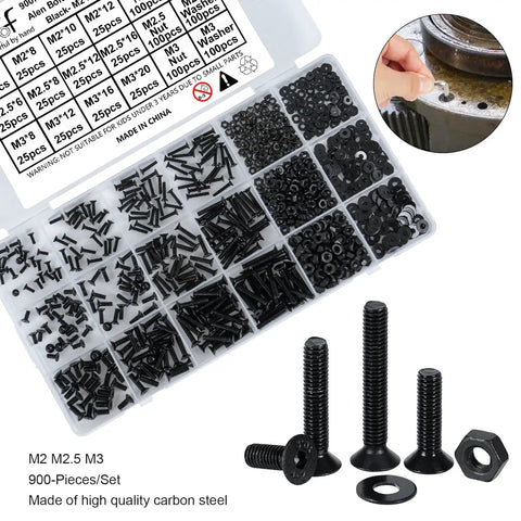 900 Piece Flat Head Hex Socket Cap Screws Kit With Nuts Washers And Hex Wrench M2 M2.5 M3 Fully Threaded Allen Machine Screws