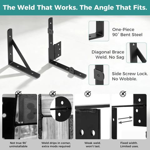 Heavy Duty Anti Sag Outdoor Wood Gate Corner Bracket Kit With One Piece 90 Degree Bent Steel And Diagonal Brace For Strong Easy Install Gate Support Built Tough, black steel gate bracket close-up